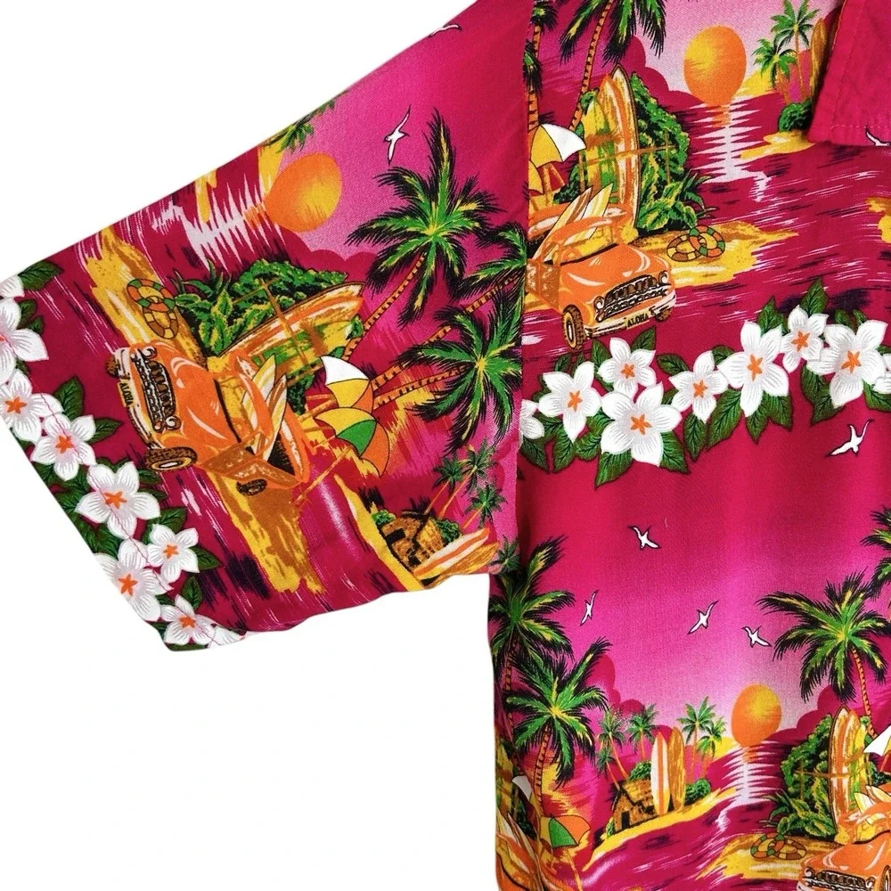Vintage Jackpot Hawaiian Shirt Men Small Pink Floral Tropical Luau Tiki Vacation